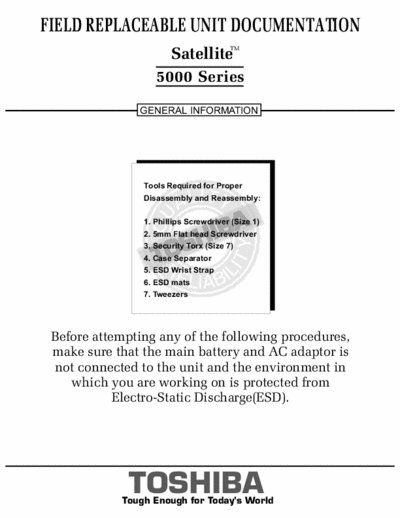 Toshiba SATELLITE 5000 Series Field Replaceable Unit Documentation, Tools Required For Proper Disassembly & Reassembly - (4.443Kb) Part 1/3 - pag. 12